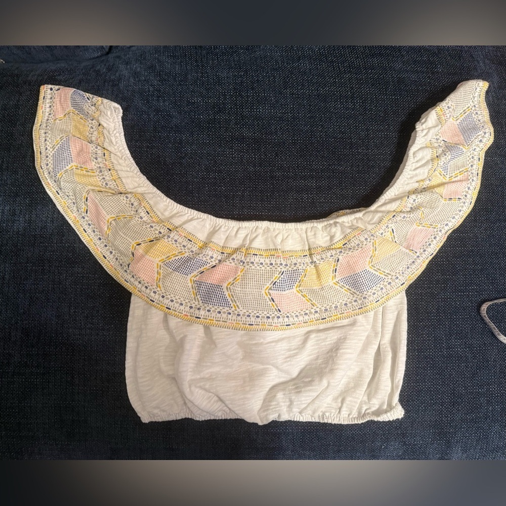 Ocean Drive Cream Off-Shoulder Cropped Top with Pastel Embroidery